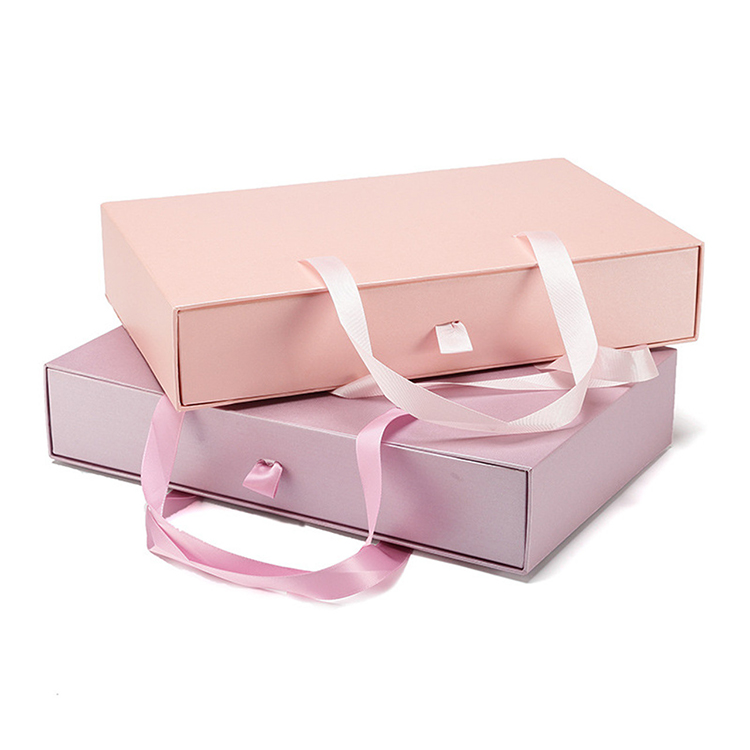 Custom foil stamp logo slide open presentation cardboard ribbon pull out gift slip drawer box